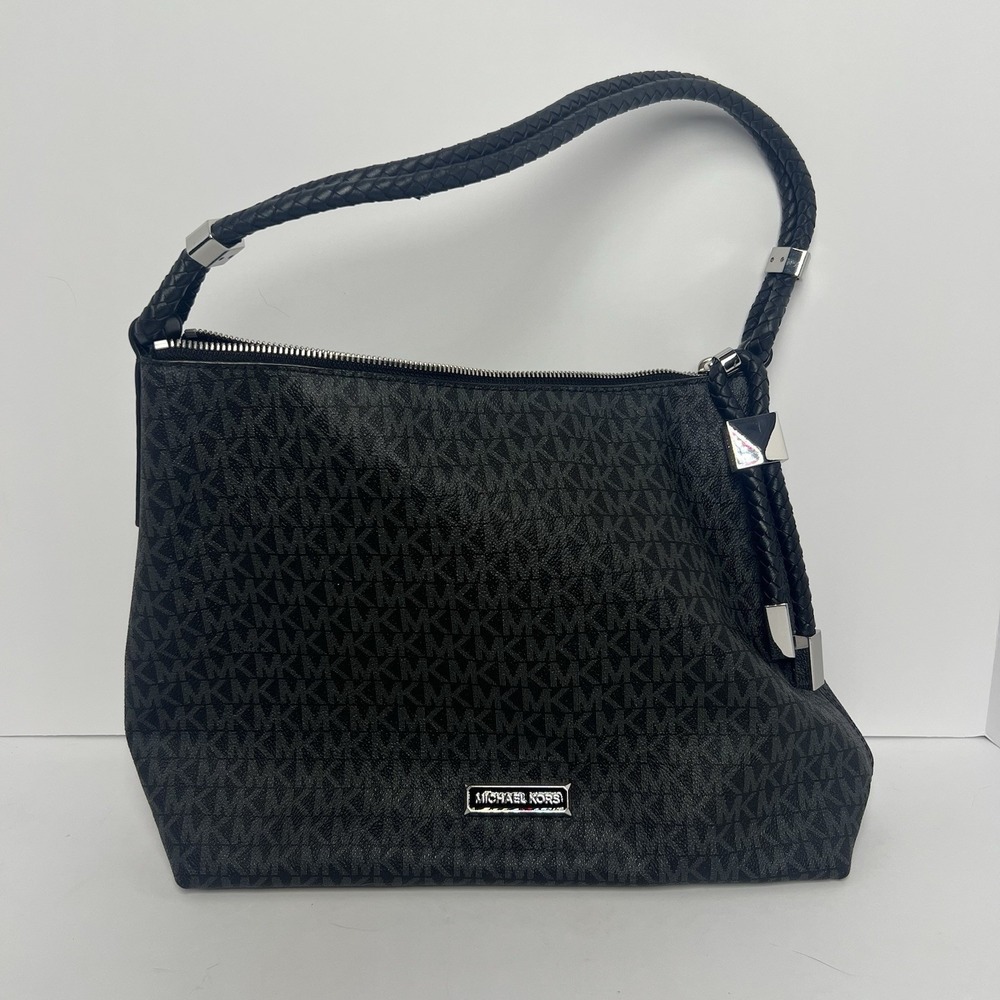 Michael Kors Jet Set Black Signature Monogram Braided Strap Hobo Shoulder Bag